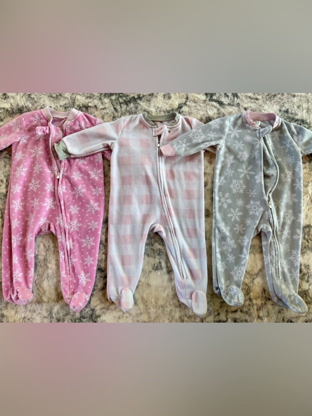 Target Pink, Gray and White Plaid & Snowflake Fleece Footed One-Pieces (3)